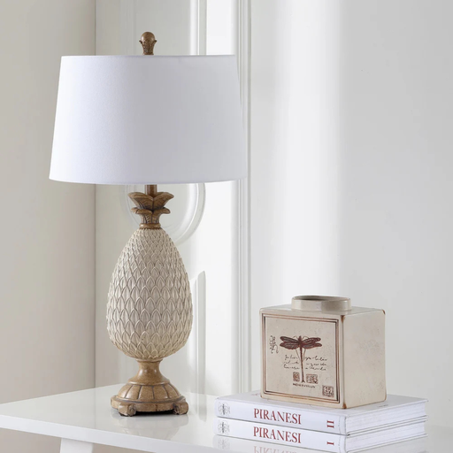 Light taupe pineapple ceramic table lamp with leather shade STS