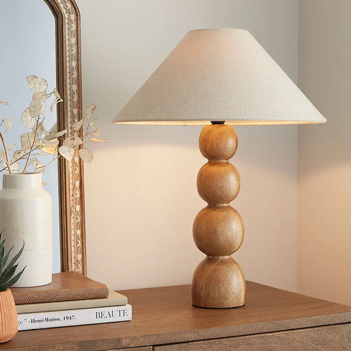 Walnut wood balls with linen shade table lamp STS