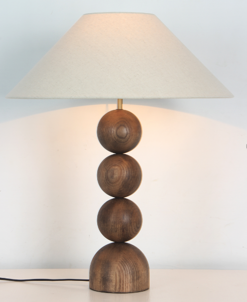 Walnut wood balls with linen shade table lamp STS