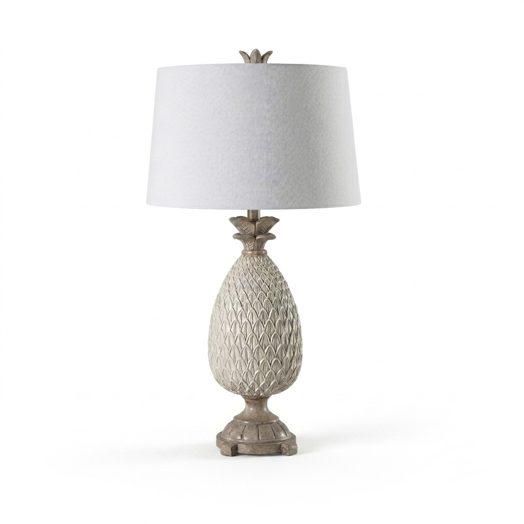 Light taupe pineapple ceramic table lamp with leather shade STS