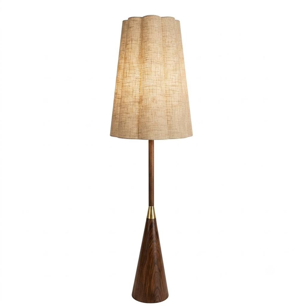 Natural linen scalloped shade and walnut wood floor lamp STS