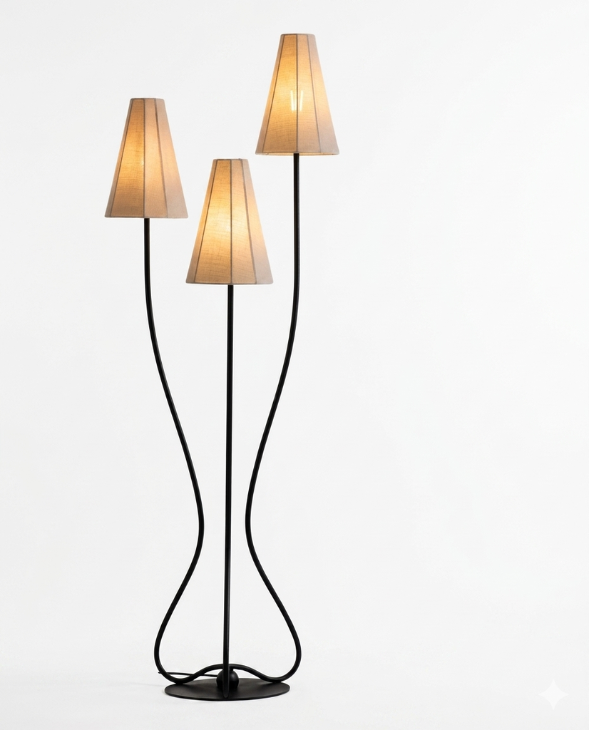 3 light hammered metal floor lamp with linen shades STS