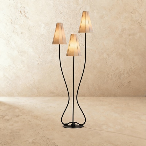 [GLFL0005] 3 light hammered metal floor lamp with linen shades STS
