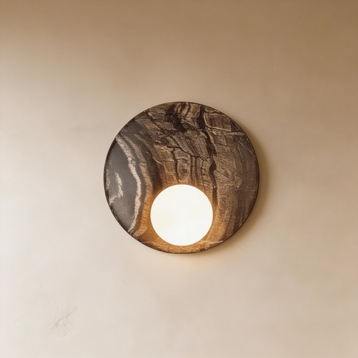 [GLWL0004] Dark grey black onyx round marble wall lamp STS